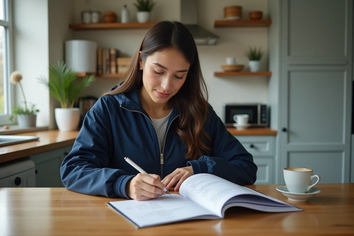 Femme lisant un manuel de voiture dans la cuisine