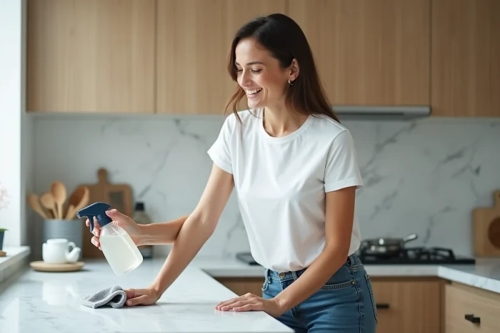 Femme nettoyant un plan de travail de cuisine moderne