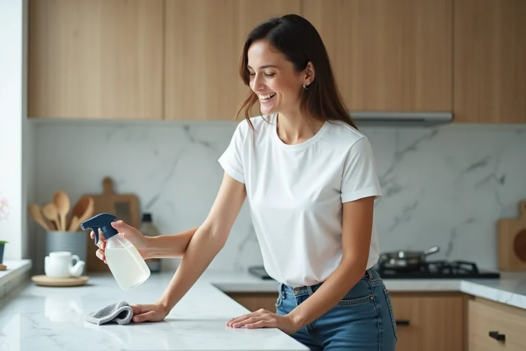 Femme nettoyant un plan de travail de cuisine moderne