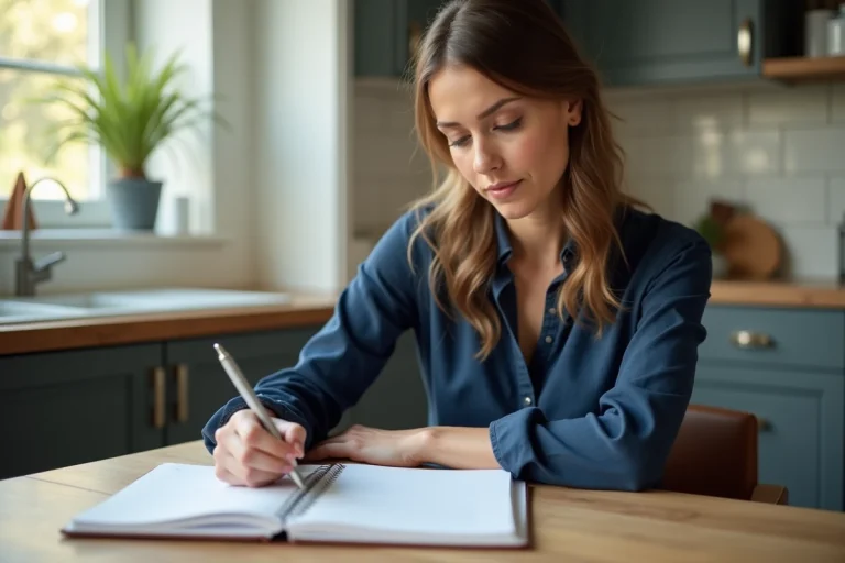 Femme organisée dans sa cuisine avec agenda et stylo