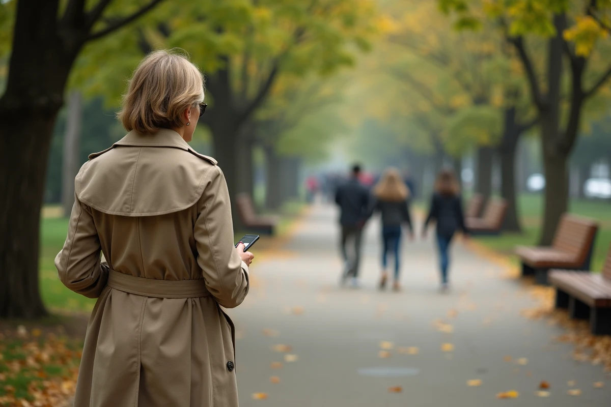 Femme en trench beige dans un parc avec feuilles mortes