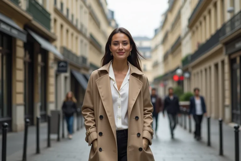 Femme élégante en trench beige dans une rue parisienne