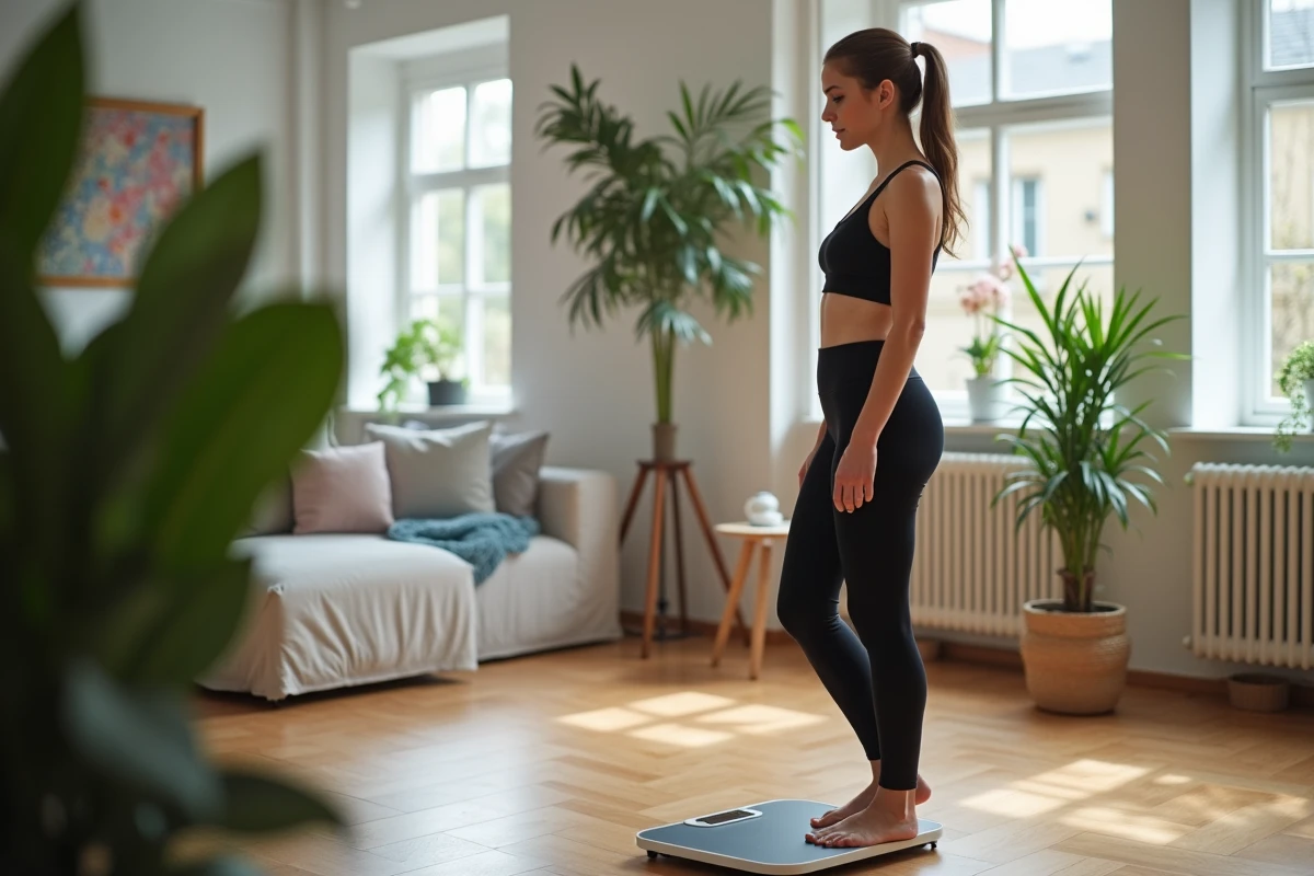 Femme en athleisure se pesant dans un intérieur lumineux