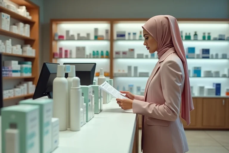 Femme tunisienne en tailleur pastel dans une pharmacie
