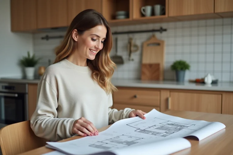 Femme souriante examinant des plans de rénovation dans la cuisine