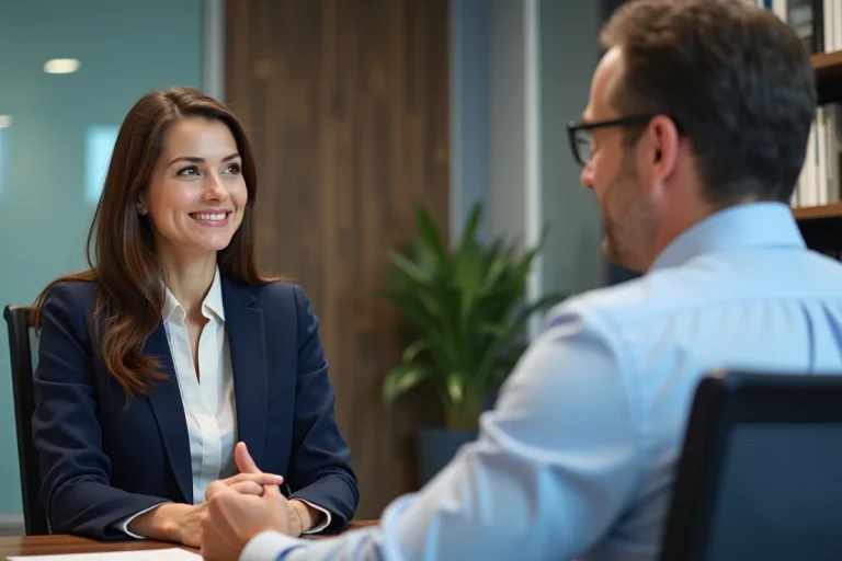Femme professionnelle écoute un coach dans un bureau moderne