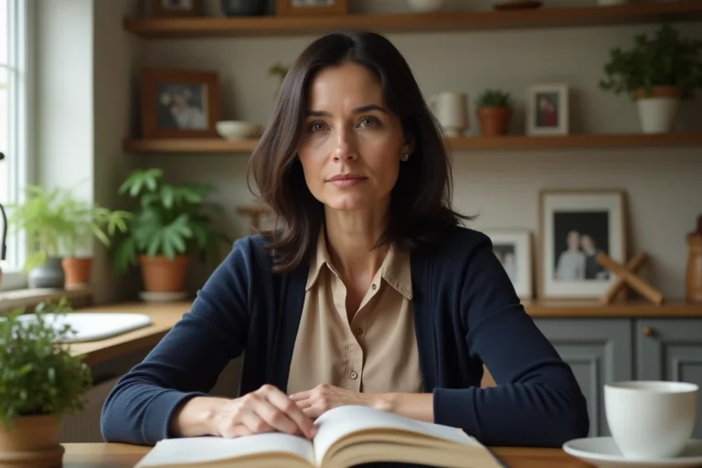 Femme dans la cuisine avec livre et tasse en porcelaine
