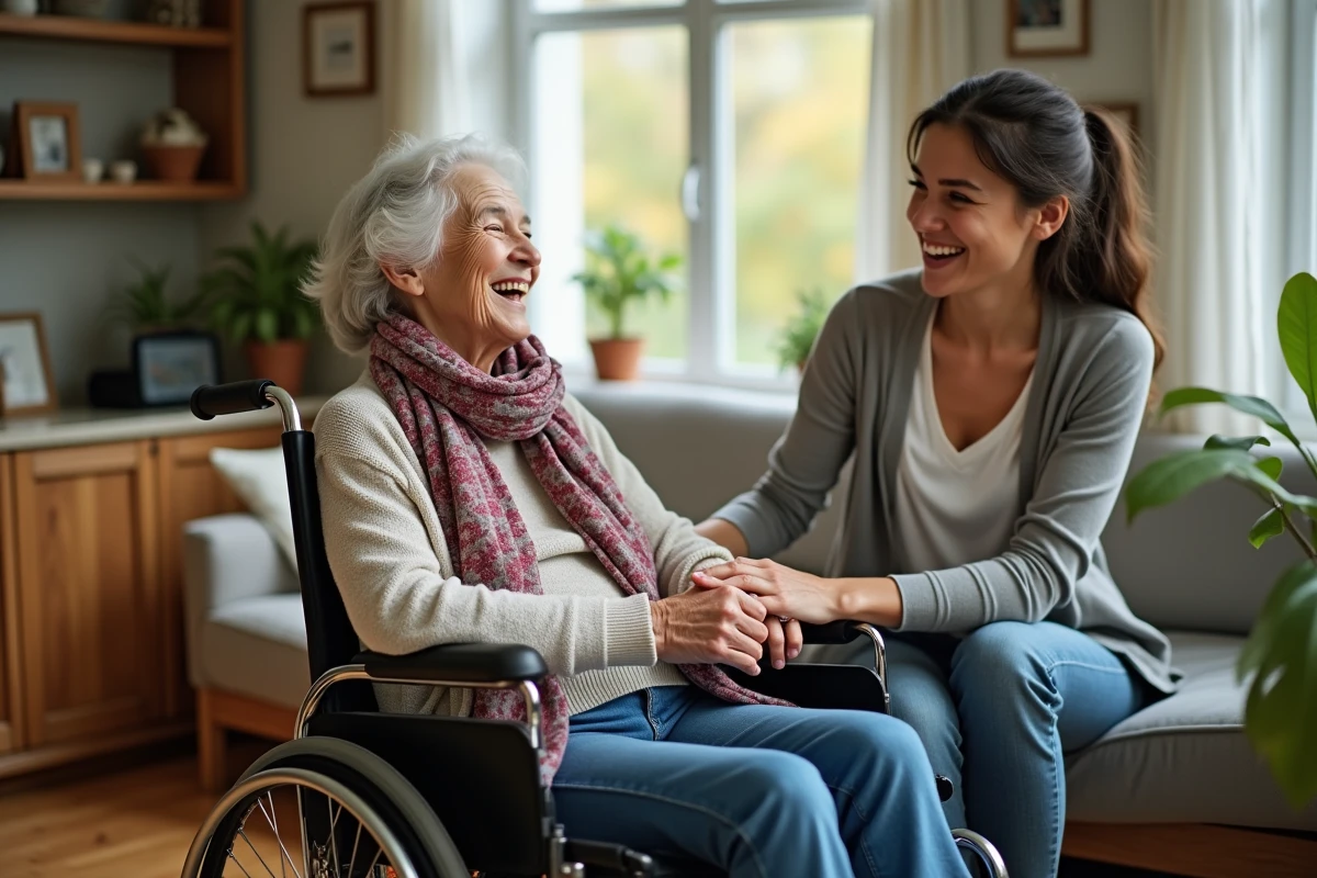 Femme senior riant avec une aidante dans un salon chaleureux