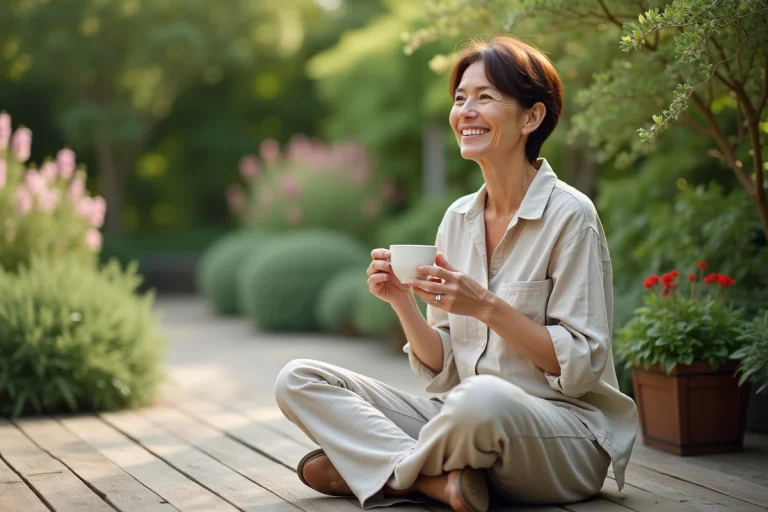 Femme souriante dans un jardin en terrasse avec thé