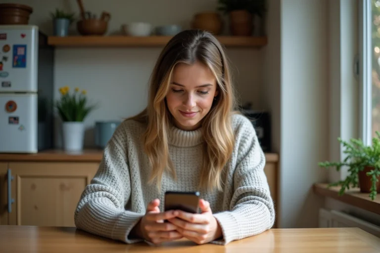 Jeune femme cherchant un numéro sur son smartphone