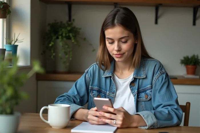 Femme en denim créant un sondage WhatsApp dans sa cuisine