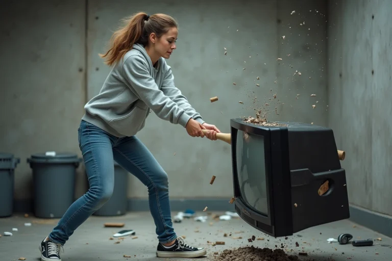 Femme en action dans un fury room en train de casser une vieille télévision