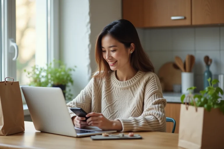 Femme souriante utilisant un code promo en cuisine lumineuse