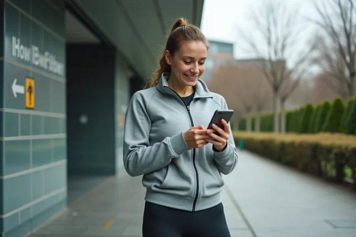 Femme en tenue de sport consultant son téléphone devant une douche publique en ville
