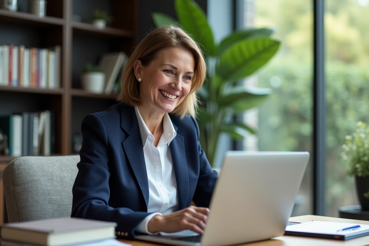 Femme en visioconference dans son bureau moderne