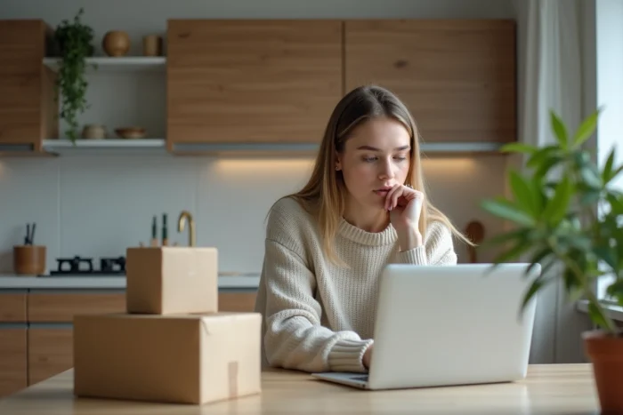 Jeune femme travaillant sur un ordinateur dans une cuisine moderne