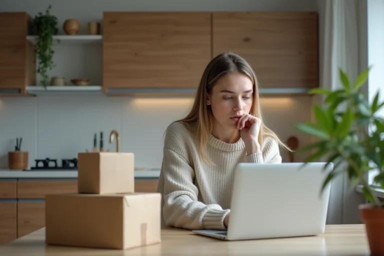 Jeune femme travaillant sur un ordinateur dans une cuisine moderne