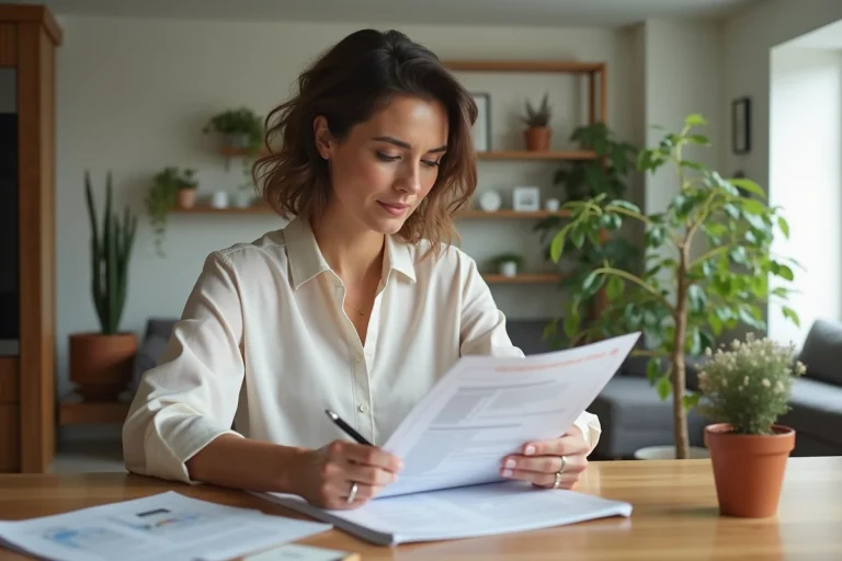 Femme examinant un rapport d'évaluation immobilière à la maison
