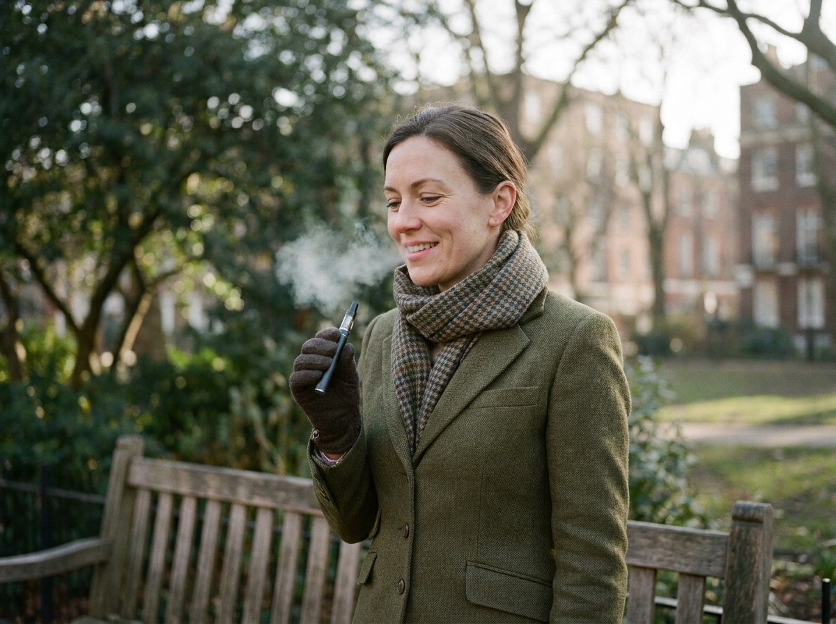 Femme souriante vape dans un parc urbain en extérieur