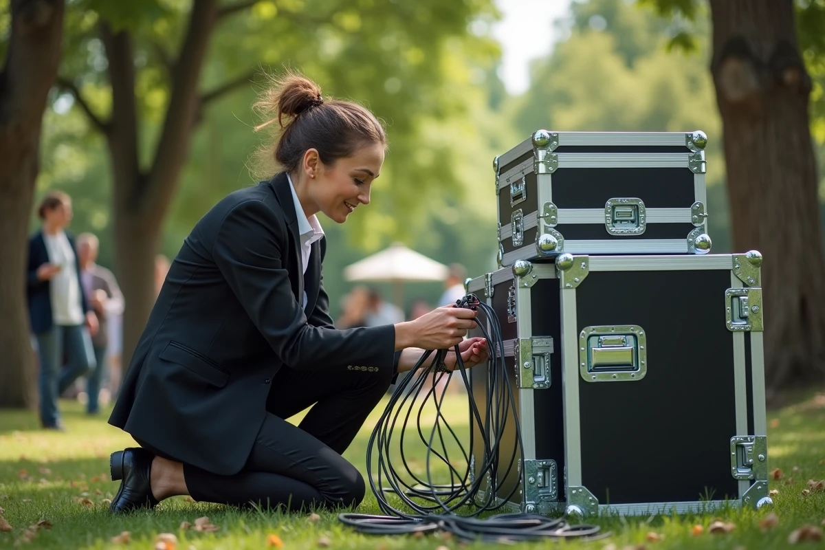Femme vérifiant des câbles audio lors d