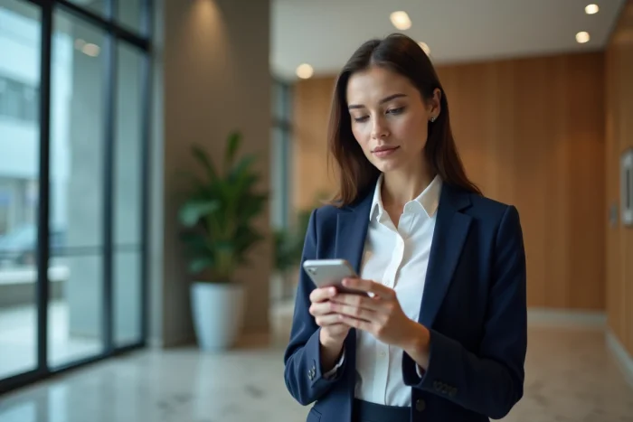 Femme d'affaires utilisant son smartphone pour verification d'identite