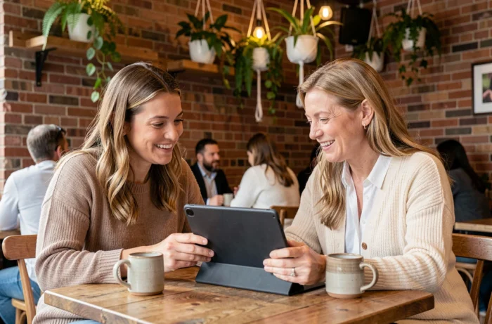 Deux femmes discutant de conseils santé autour d'une tablette dans un café chaleureux et moderne
