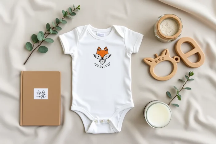Flat lay de cadeaux de naissance originaux et naturels sur fond de lin blanc avec livre illustré, hochet en bois et body brodé