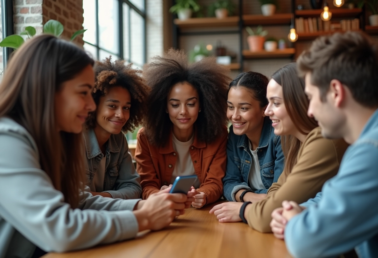 Groupe d amis autour d une table de café regardant un téléphone