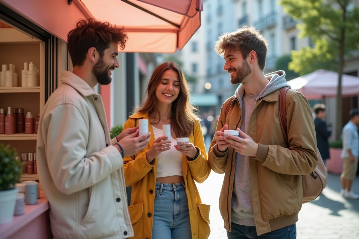 Jeunes discutant autour d un stand cosmétique en ville