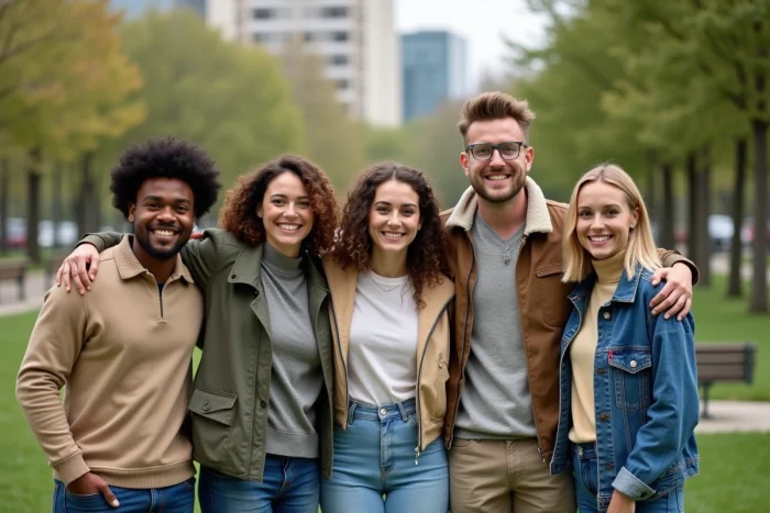 Groupe divers d'adultes souriants dans un parc urbain