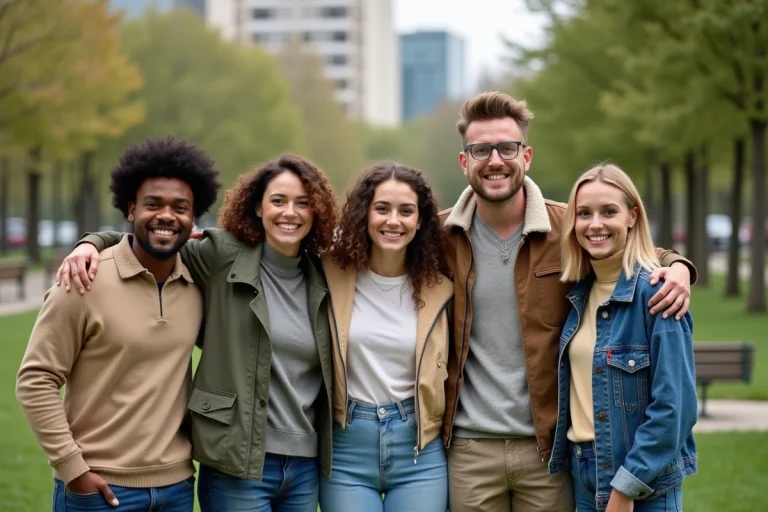 Groupe divers d'adultes souriants dans un parc urbain