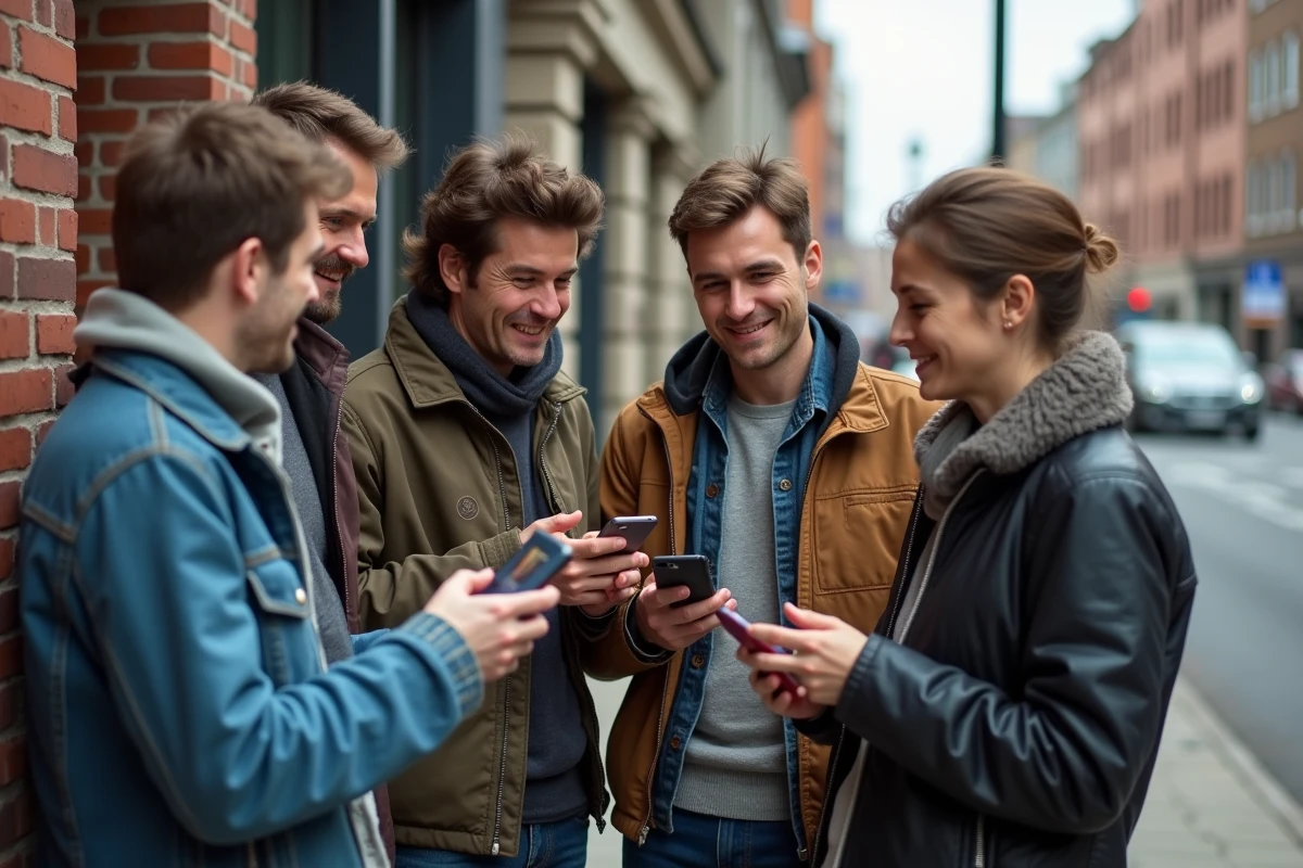Groupe de fans urbains discutant avec smartphones