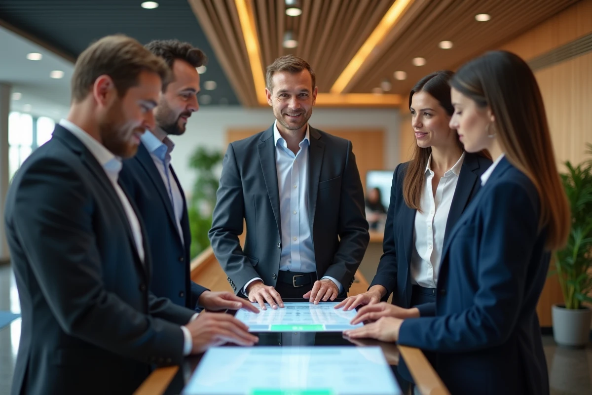 Groupe de collaborateurs utilisant un terminal de verification d