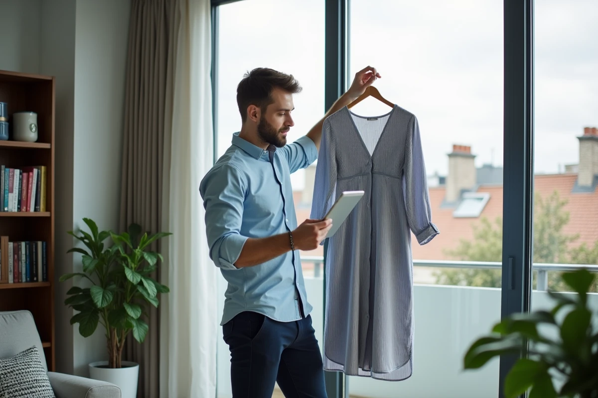 Homme regardant une robe en ville avec tablette