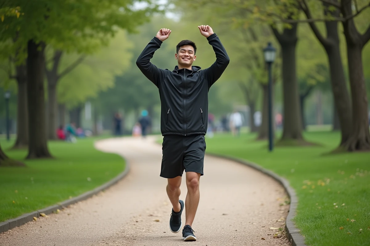 Jeune homme marchant dans un parc urbain en tenue sportive