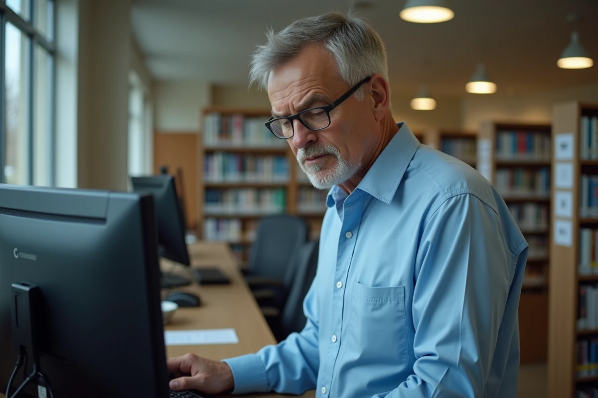 Homme recherchant un numéro sur un ordinateur en bibliothèque