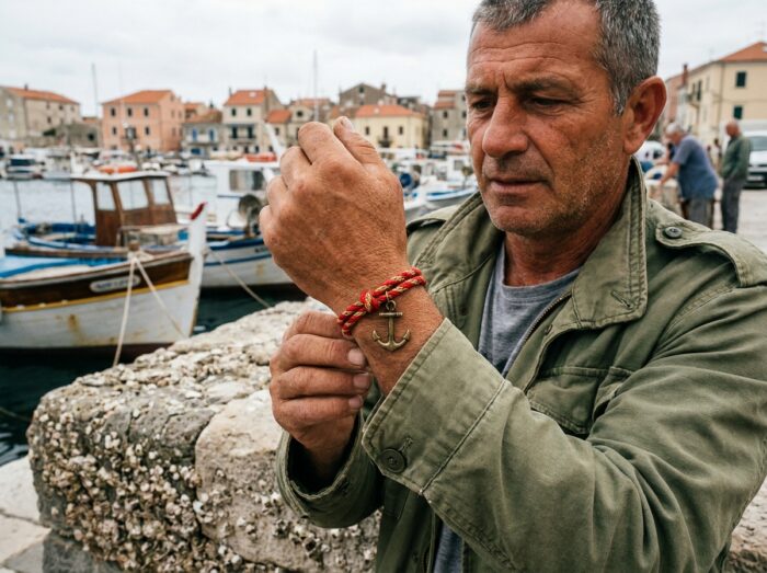 Homme tenant son poignet avec un bracelet marin rouge et or à breloque ancre devant un mur de port en pierre