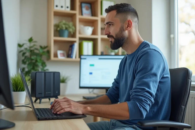 Homme d'âge moyen travaillant sur un ordinateur dans un bureau moderne