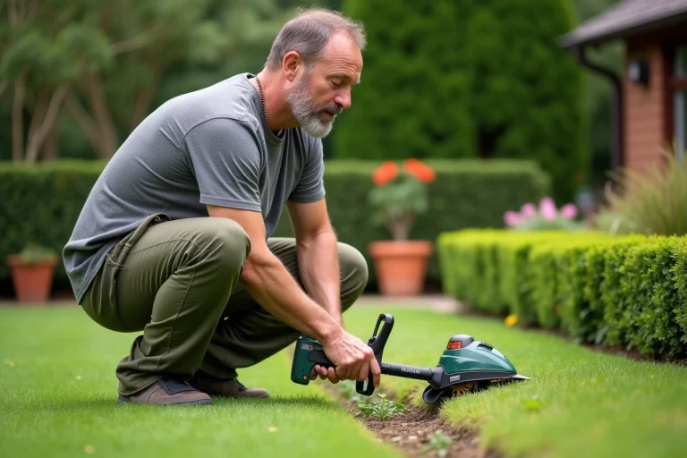Homme utilisant un coupe-bordure sans fil pour délimiter proprement les bords d'une pelouse dans un jardin entretenu