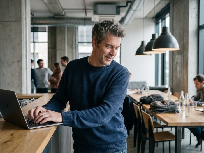 Homme travaillant sur un ordinateur portable dans un espace de coworking moderne en béton