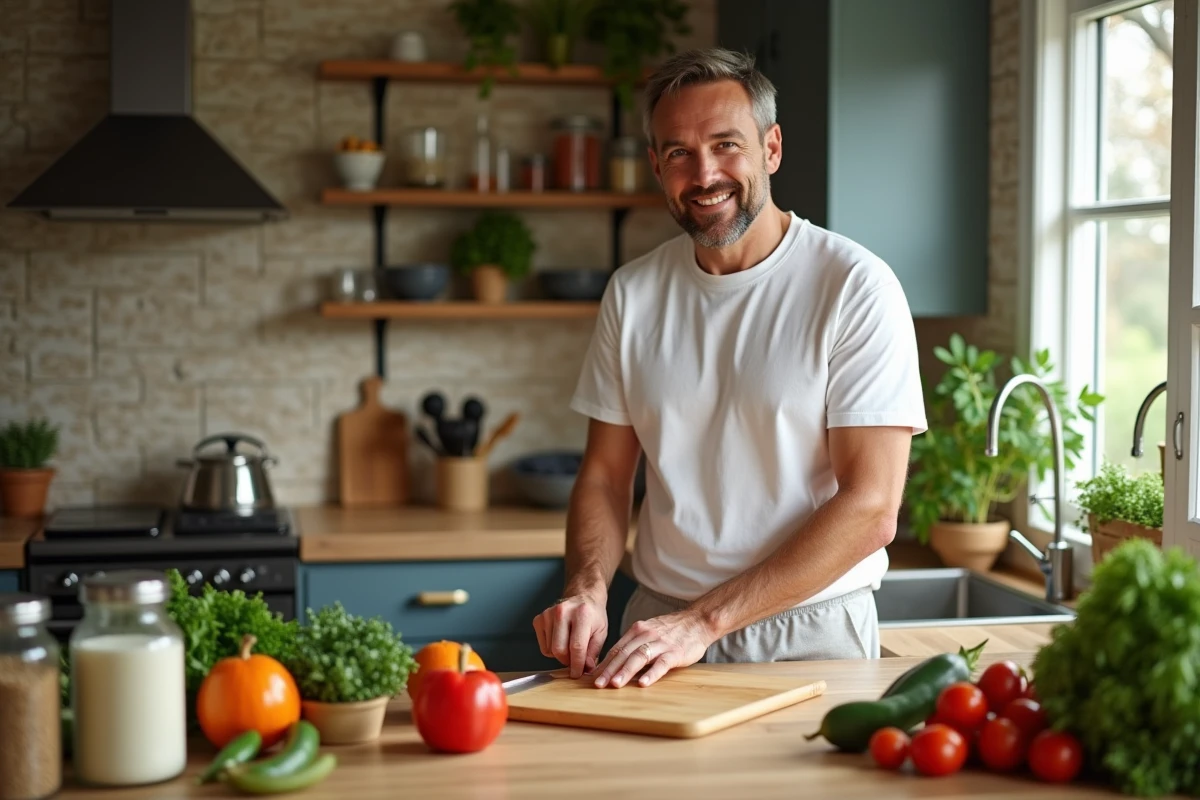 Homme en cuisine préparant des légumes frais