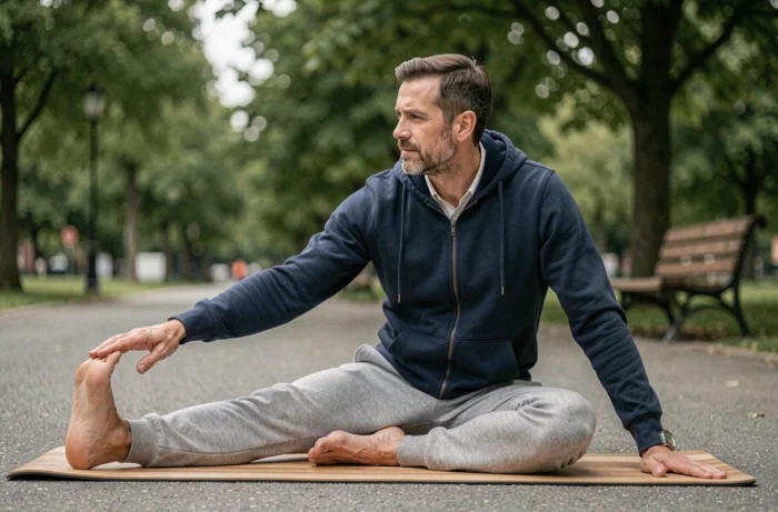 Homme faisant des étirements sur un tapis de yoga en plein air dans un parc urbain verdoyant