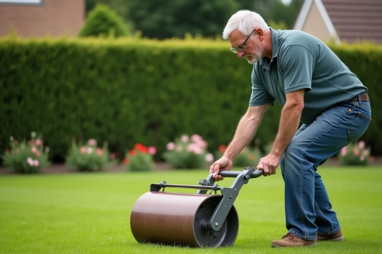 Homme d'âge moyen inspectant un rouleau de pelouse en métal dans le jardin