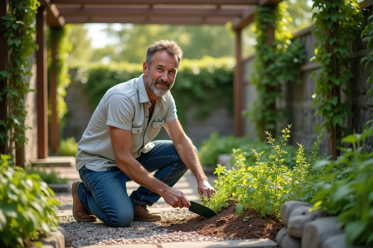 Homme cultivant des herbes dans un jardin ensoleille