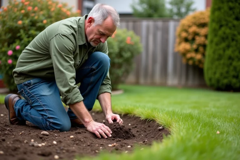 Homme mesurant le sol dans son jardin pour poser du gazon