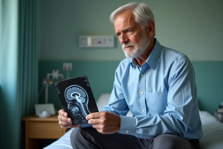 Homme âgé tenant une IRM du cerveau dans une chambre d'hôpital