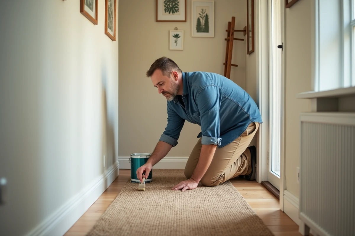 Homme peint un mur près d’un tapis en jonc de mer dans un couloir accueillant