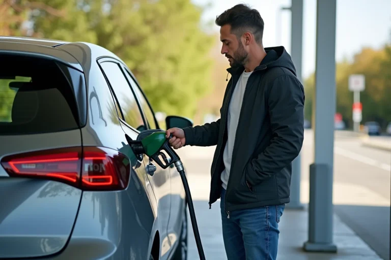 Homme faisant le plein d'une voiture sportive en ville