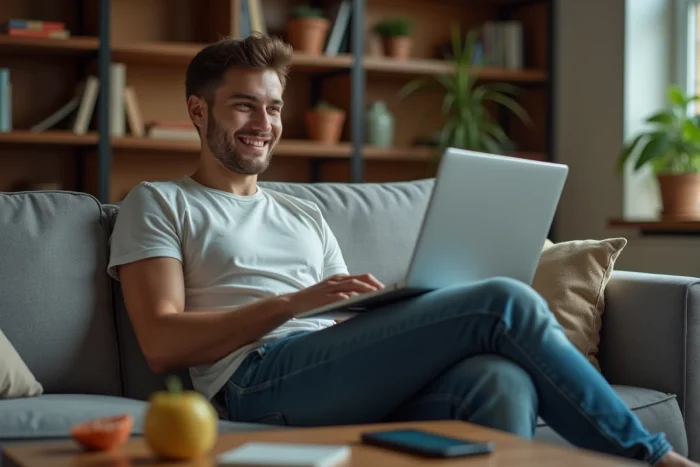 Jeune homme regardant un match de football sur son ordinateur