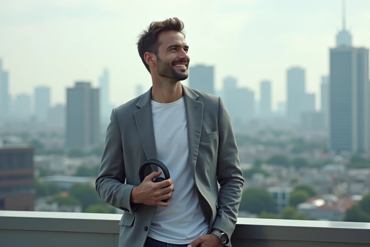 Homme confiant regardant la ville depuis un toit urbain